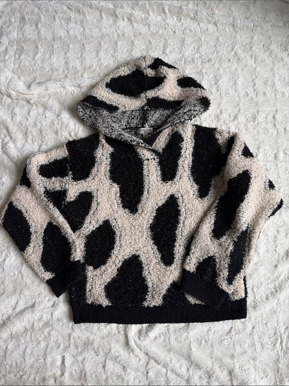 Sandy Liang / target- Plush Black and Cream Animal Print Hooded Sweater